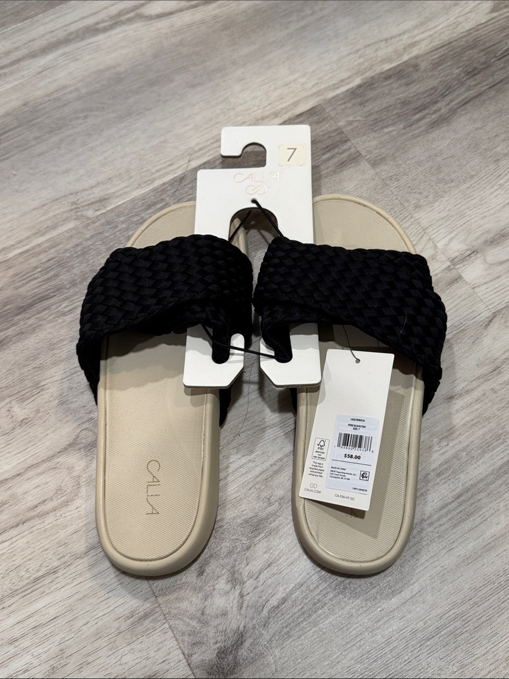 Calia Women's Black Woven Slide Sandals - Beige Footbed